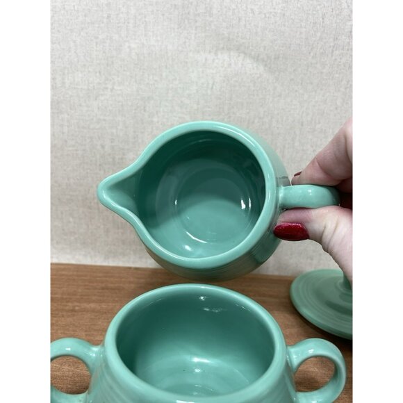Homer Laughlin Fiesta Sea Mist Mint Green Sugar Bowl w Lid Creamer Set USA - Picture 6 of 7